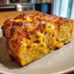 A close-up of a thick slice of Southern baked macaroni and cheese with a deeply browned, crispy top crust.