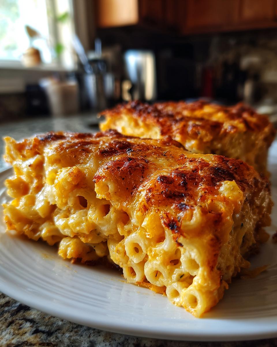 A close-up view of a thick, cheesy slice of Southern baked macaroni and cheese with a golden-brown crust.
