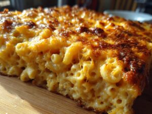 Close-up of a thick slice of Southern baked macaroni and cheese with a golden-brown, bubbly top crust.