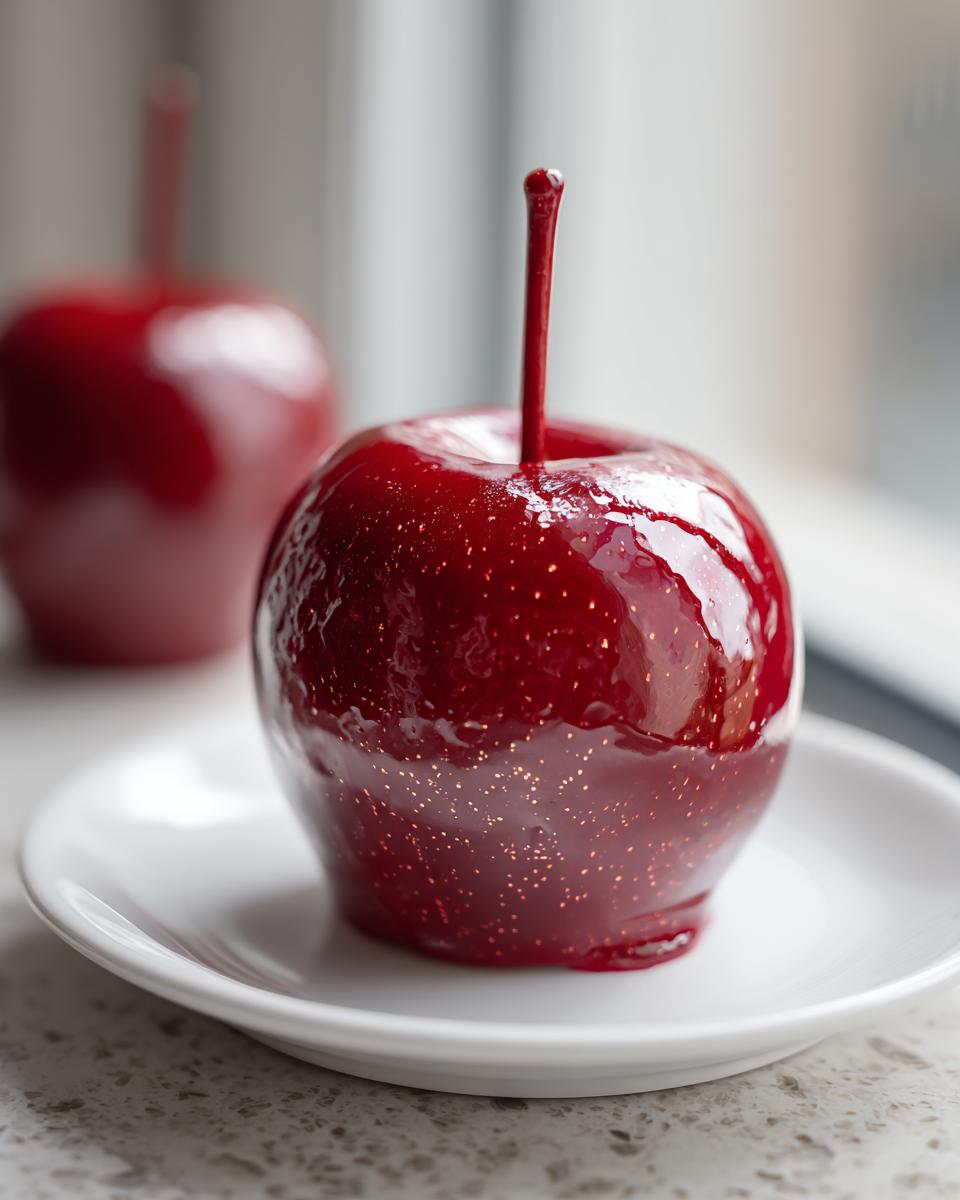 A close-up of a perfectly coated, deep red, sparkling candy apple resting on a small white saucer.