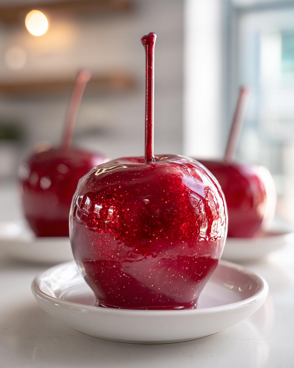 Close-up of a beautiful, glossy red candy apple covered in edible glitter, sitting on a small white saucer.