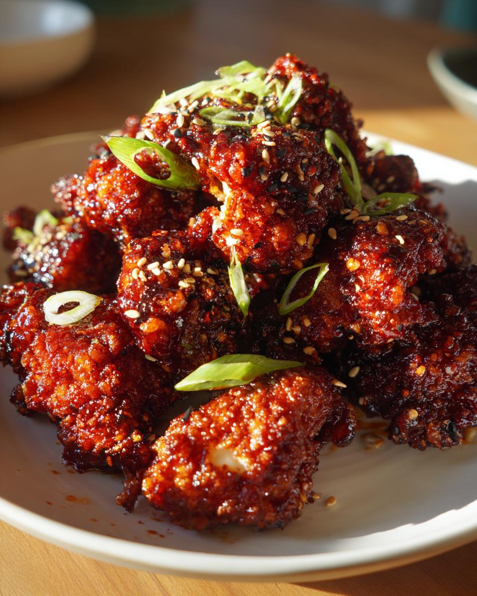 A close-up of crispy, saucy Korean fried chicken recipe pieces garnished with sesame seeds and green onions.
