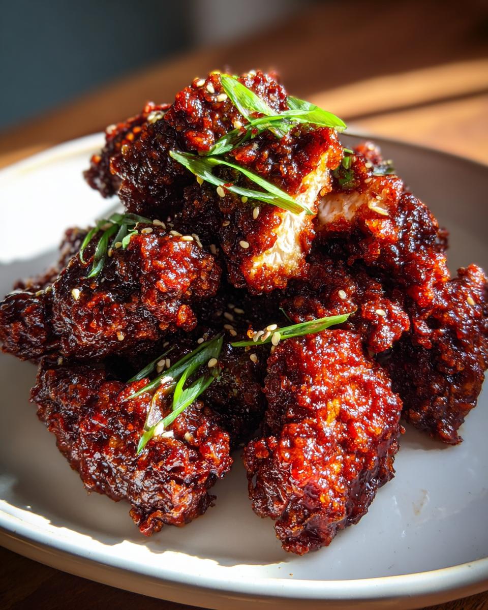 A pile of glossy, dark red Korean fried chicken pieces garnished with sesame seeds and green onions.