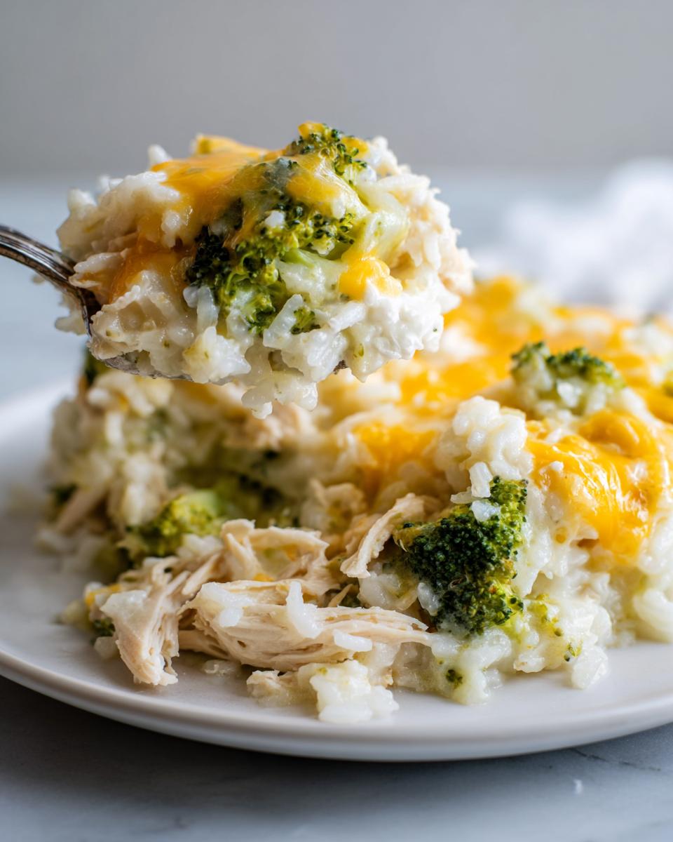 A spoonful of creamy, cheesy broccoli rice casserole being lifted from the main dish.