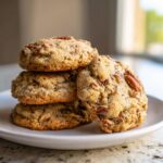 A stack of four freshly baked butter pecan cookies piled on a white plate, featuring visible pecan pieces.