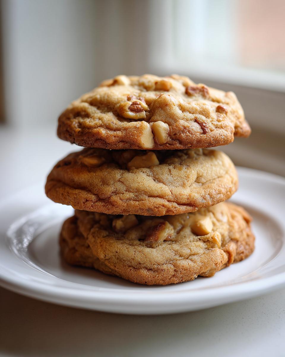 Three freshly baked butter pecan cookies stacked on a white plate, showing visible pecan pieces.