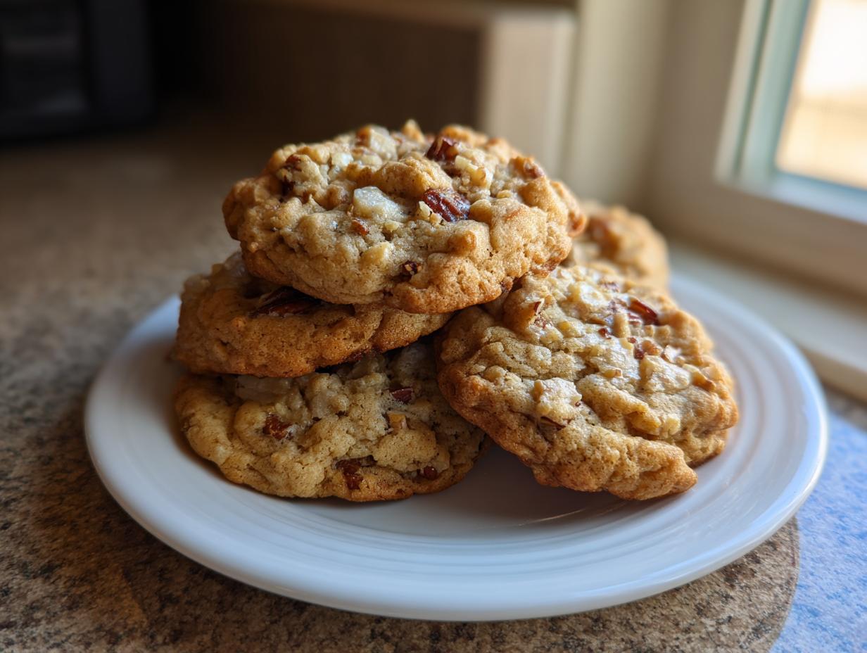 A stack of freshly baked butter pecan cookies piled on a small white plate, showing visible pecan pieces.