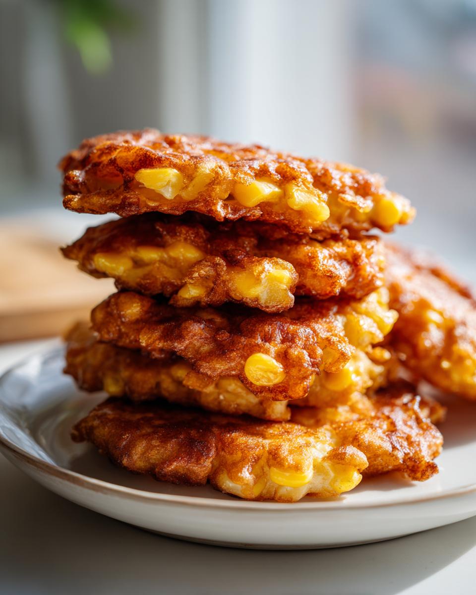 A stack of four golden brown, freshly fried corn fritters piled high on a small white plate.