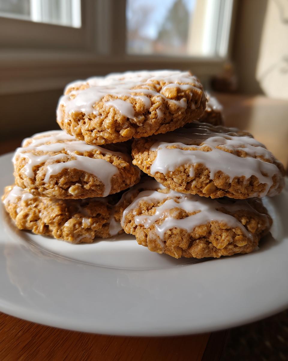 A stack of five homemade iced oatmeal cookies drizzled with white vanilla glaze, sitting on a white plate.