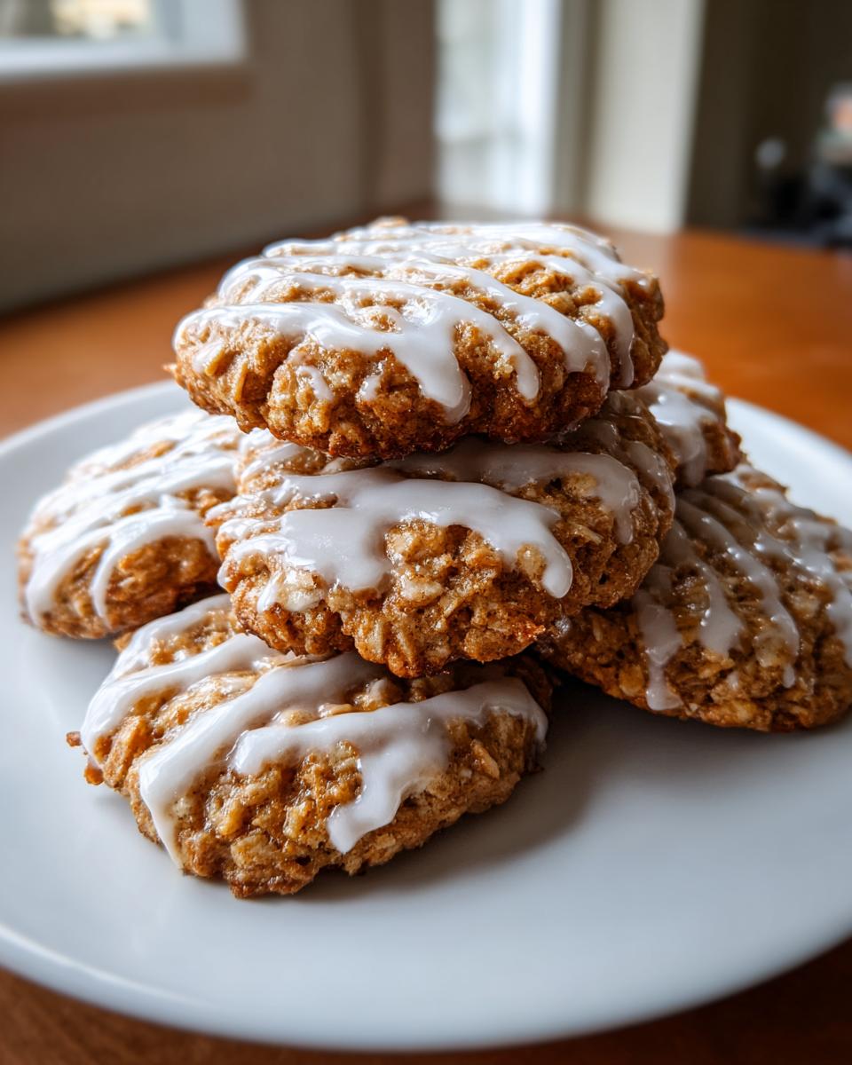 A stack of delicious iced oatmeal cookies drizzled generously with white vanilla glaze.