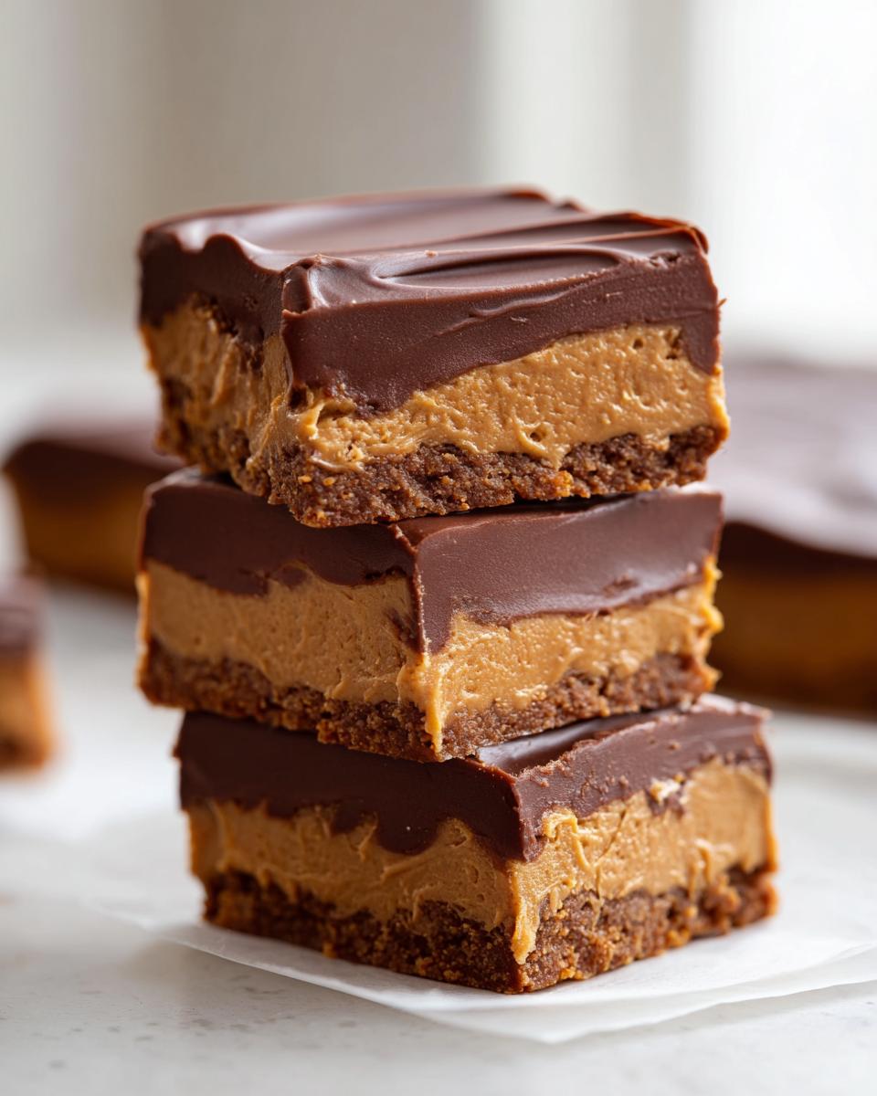 Three square pieces of rich buckeye fudge stacked, showing a chocolate top layer over creamy peanut butter filling and a crumbly base.