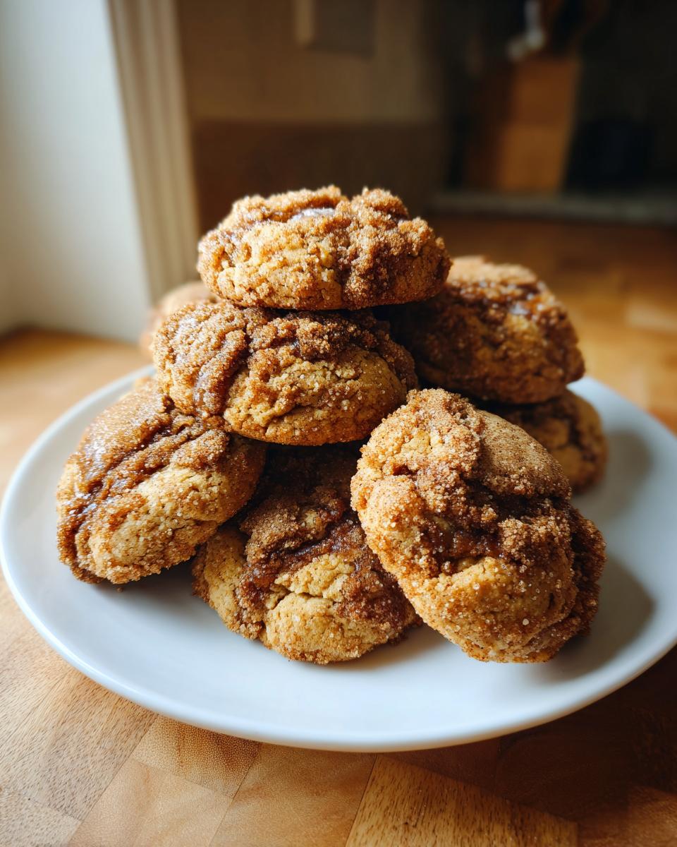 A stack of freshly baked coffee cake cookies generously coated in cinnamon sugar topping on a white plate.