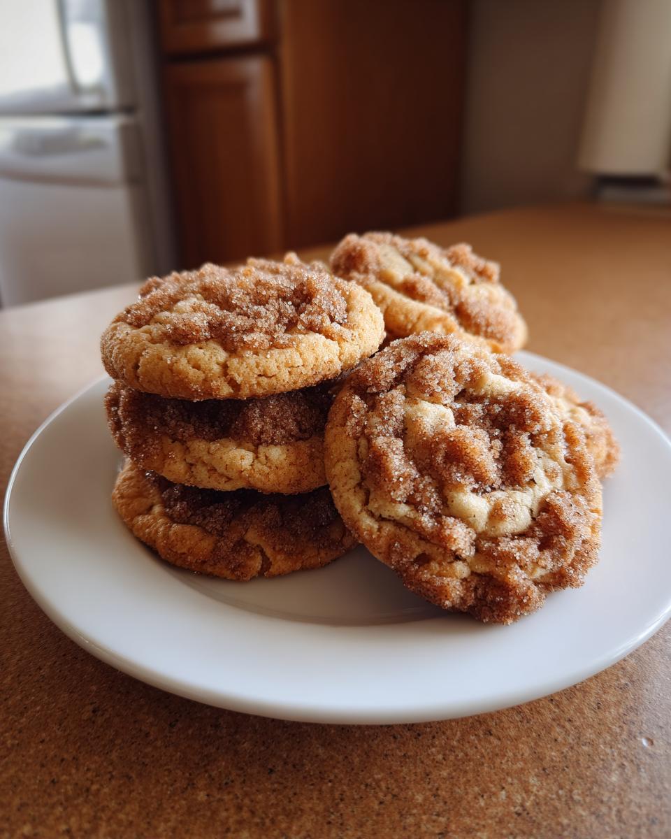 A stack of freshly baked coffee cake cookies topped with cinnamon sugar, resting on a small white plate.