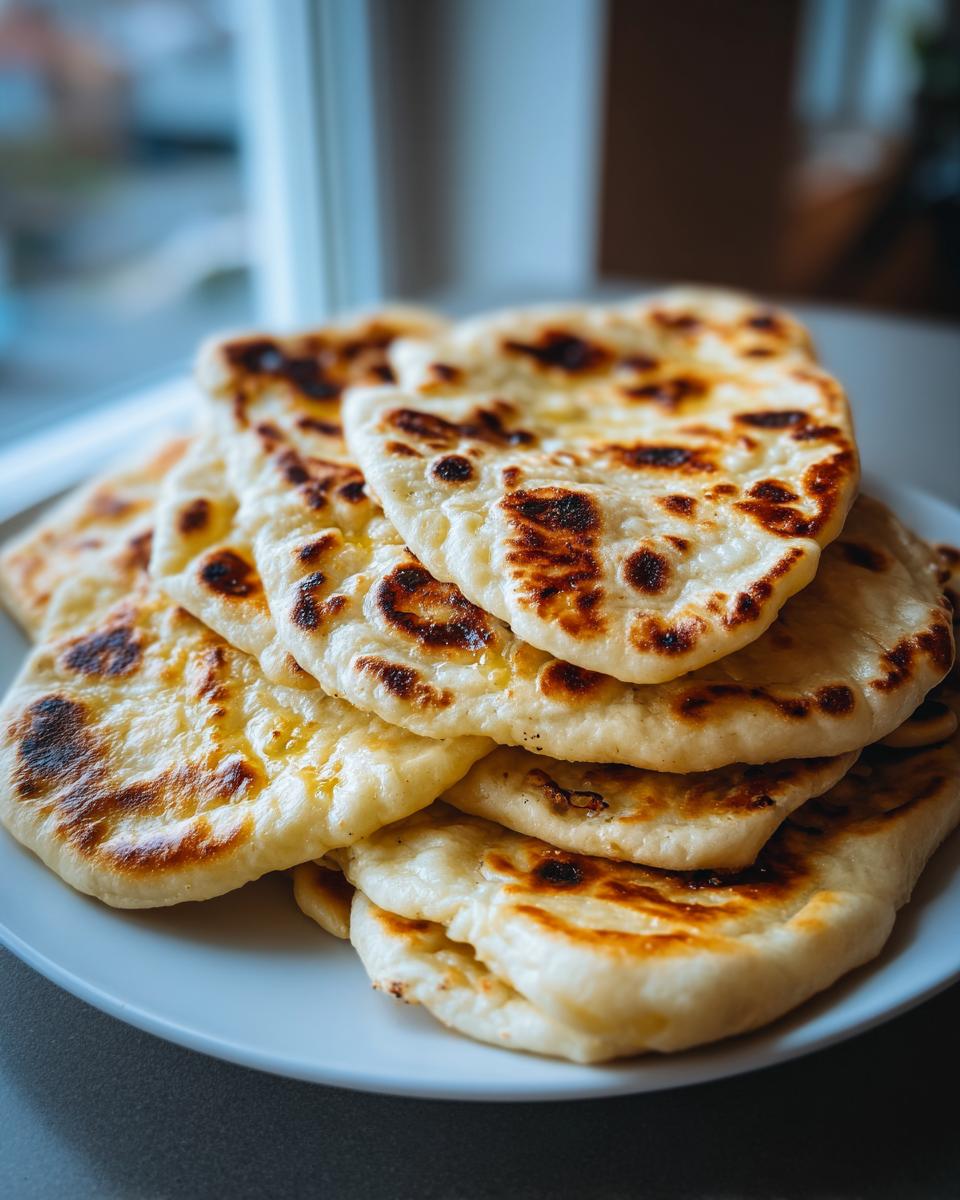 A close-up stack of freshly cooked naan bread pieces with golden-brown charred spots on a white plate.