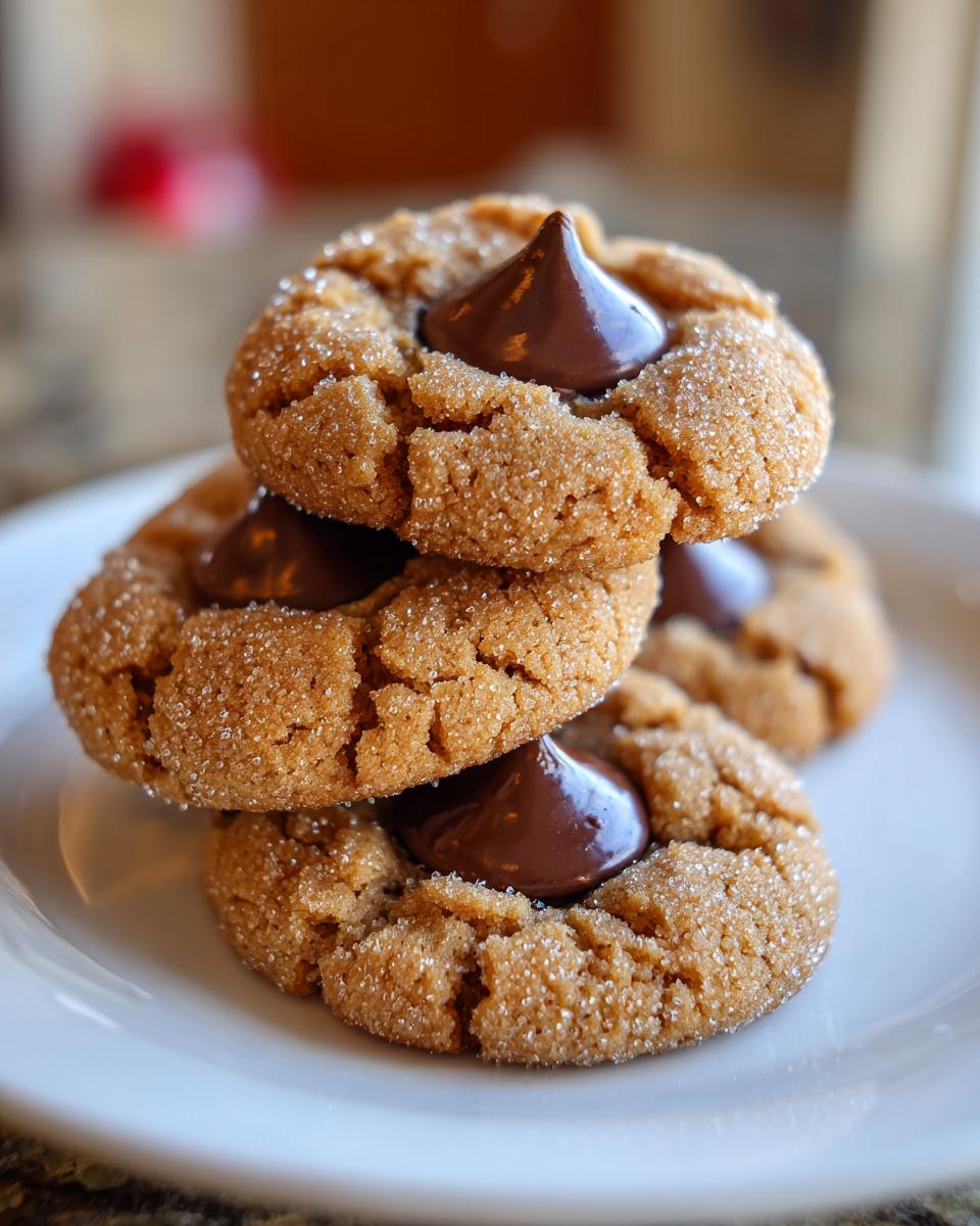 A stack of three classic peanut butter blossom cookies, rolled in sugar and topped with a Hershey's kiss.