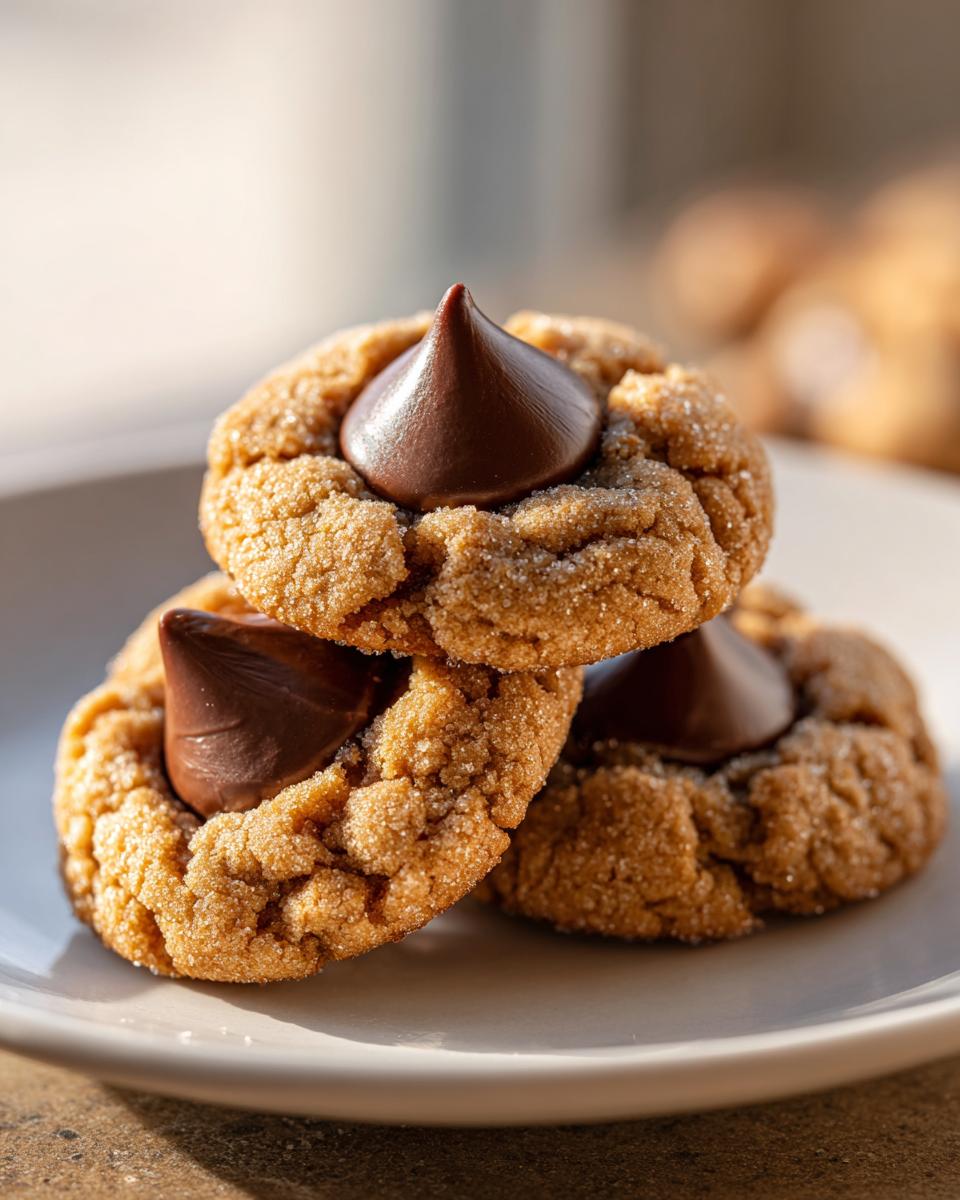 A stack of three classic peanut butter blossom cookies, coated in sugar and topped with a chocolate kiss.