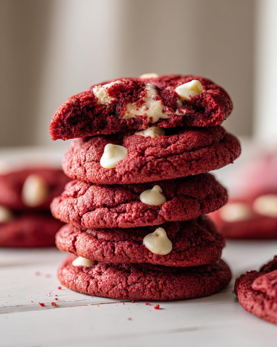 A stack of five rich, red velvet cake mix cookies featuring melted white chocolate chips, with the top cookie broken open.