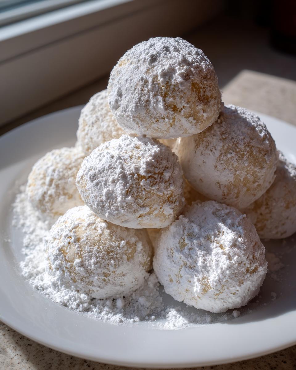 A close-up stack of freshly baked russian tea cakes heavily coated in white powdered sugar on a white plate.
