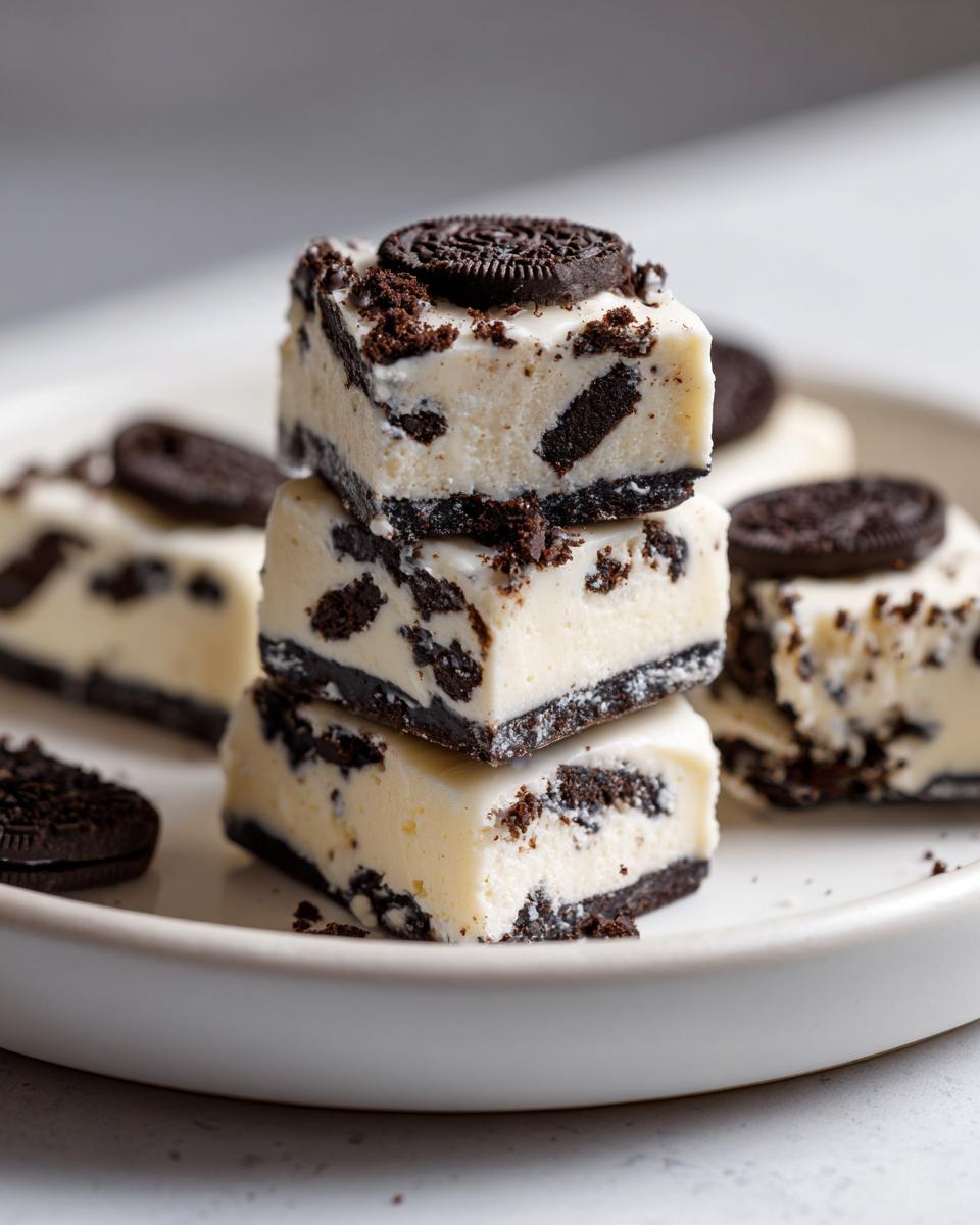 Three stacked squares of creamy white Oreo fudge studded with dark chocolate cookie pieces, topped with a mini Oreo.