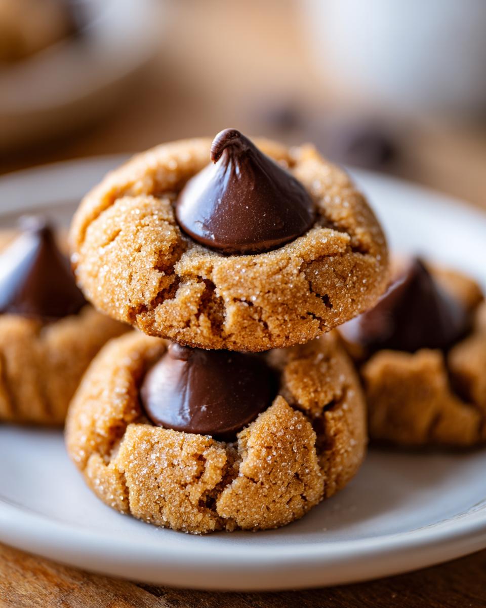 A close-up stack of two chewy, sugar-coated peanut butter blossom cookies topped with melted chocolate kisses.
