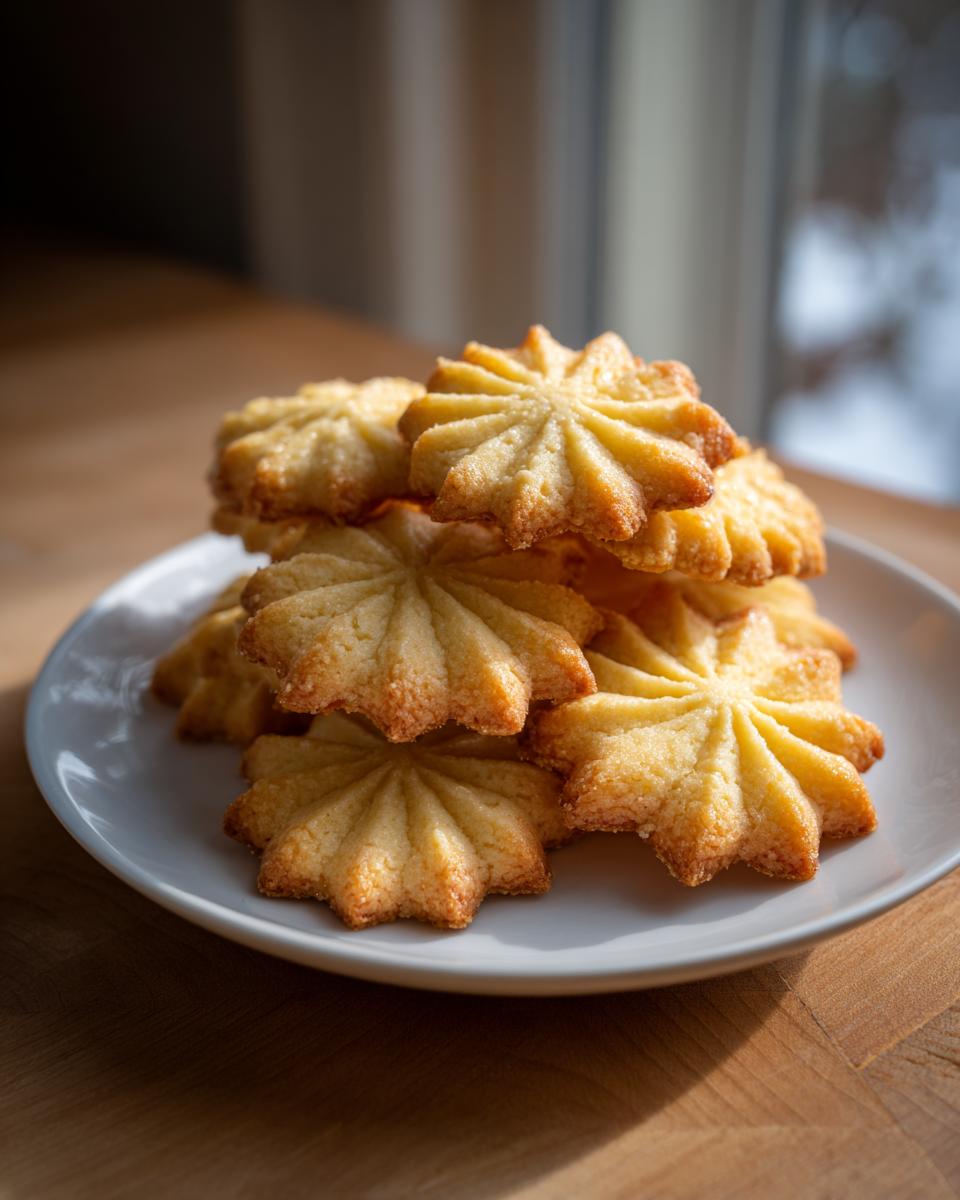 A stack of golden, star-shaped butter cookies resting on a small white plate near a window.