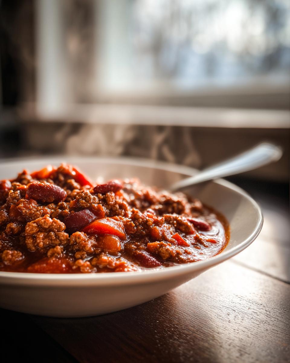 Close-up of a steaming white bowl filled with rich, hearty chili containing ground meat and kidney beans.
