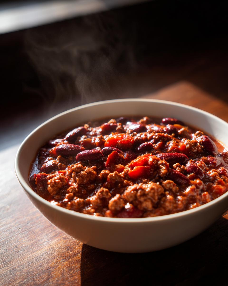 A close-up shot of a steaming white bowl filled with rich, meaty chili featuring kidney beans, highlighted by dramatic sunlight.