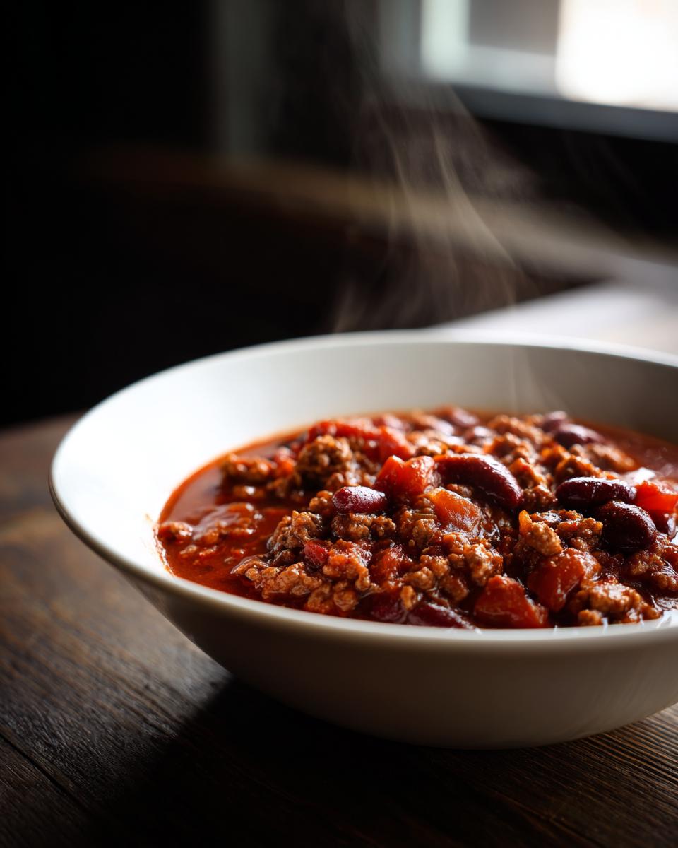 Close-up of a steaming white bowl filled with rich, meaty chili containing kidney beans and tomatoes.