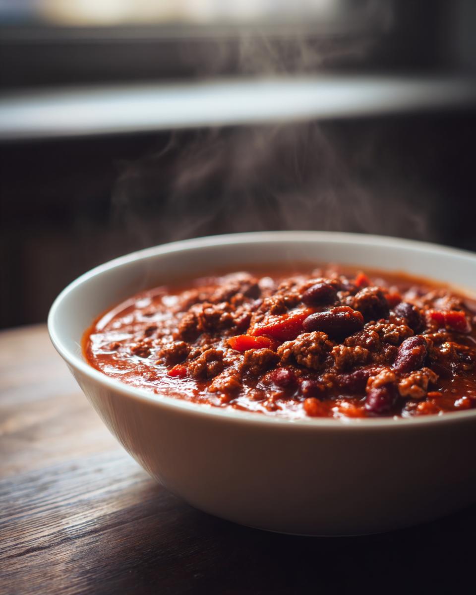 Close-up of a steaming white bowl filled with rich, meaty chili containing kidney beans and tomato sauce.