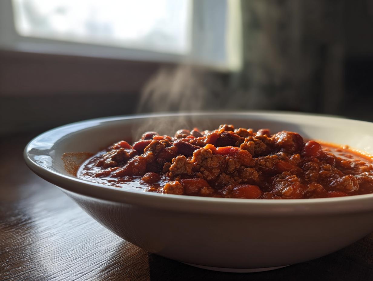 Close-up of a steaming bowl of rich, meaty chili with visible kidney beans.