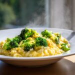 Close-up of a steaming bowl of creamy, cheesy broccoli rice topped with bright green broccoli florets.