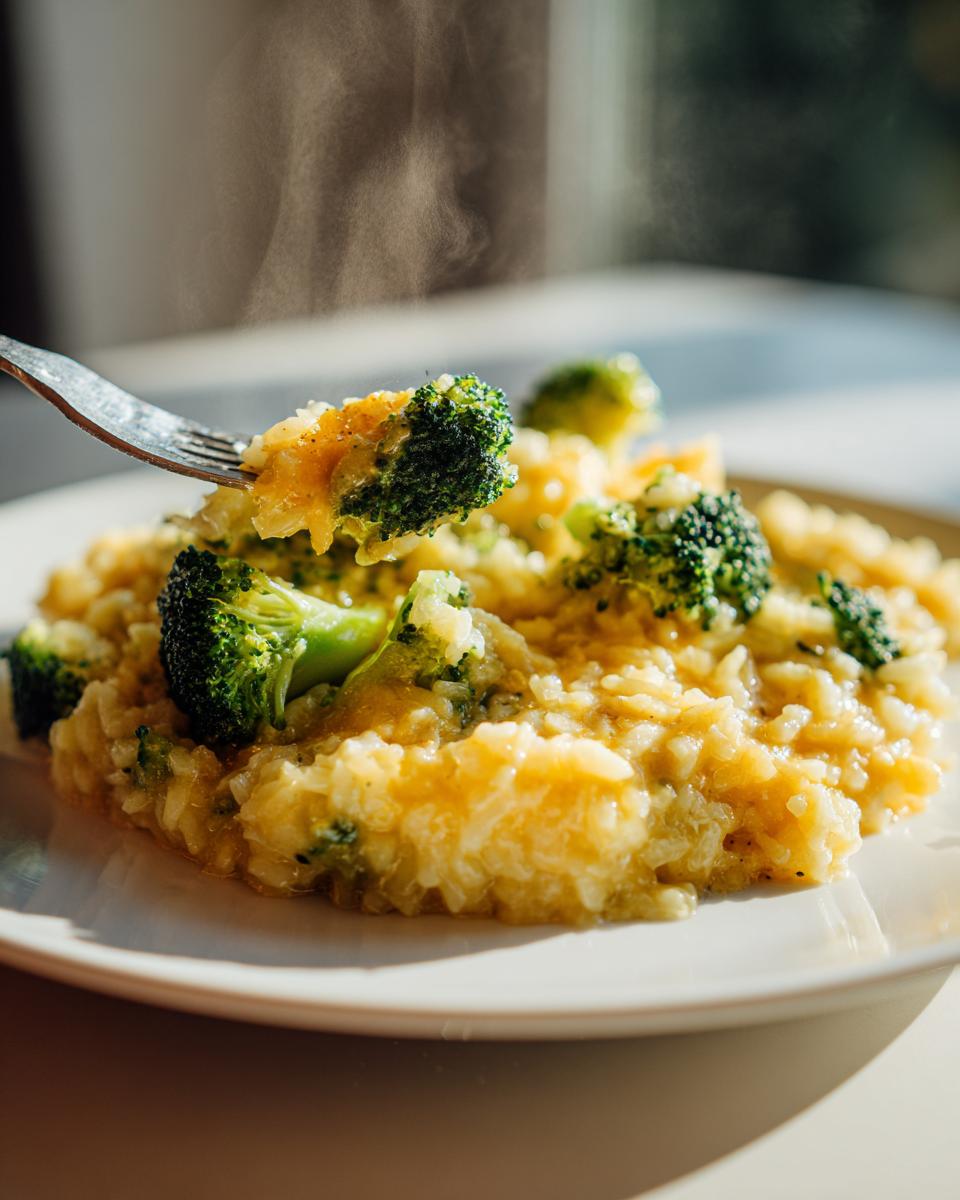 A fork lifts a bite of creamy, cheesy broccoli rice, showing steam rising from the hot portion on a white plate.