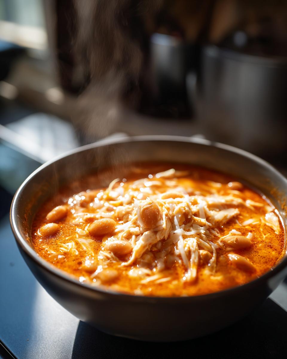 Close-up of a steaming bowl of rich orange buffalo chicken chili topped with shredded chicken and melted white cheese.