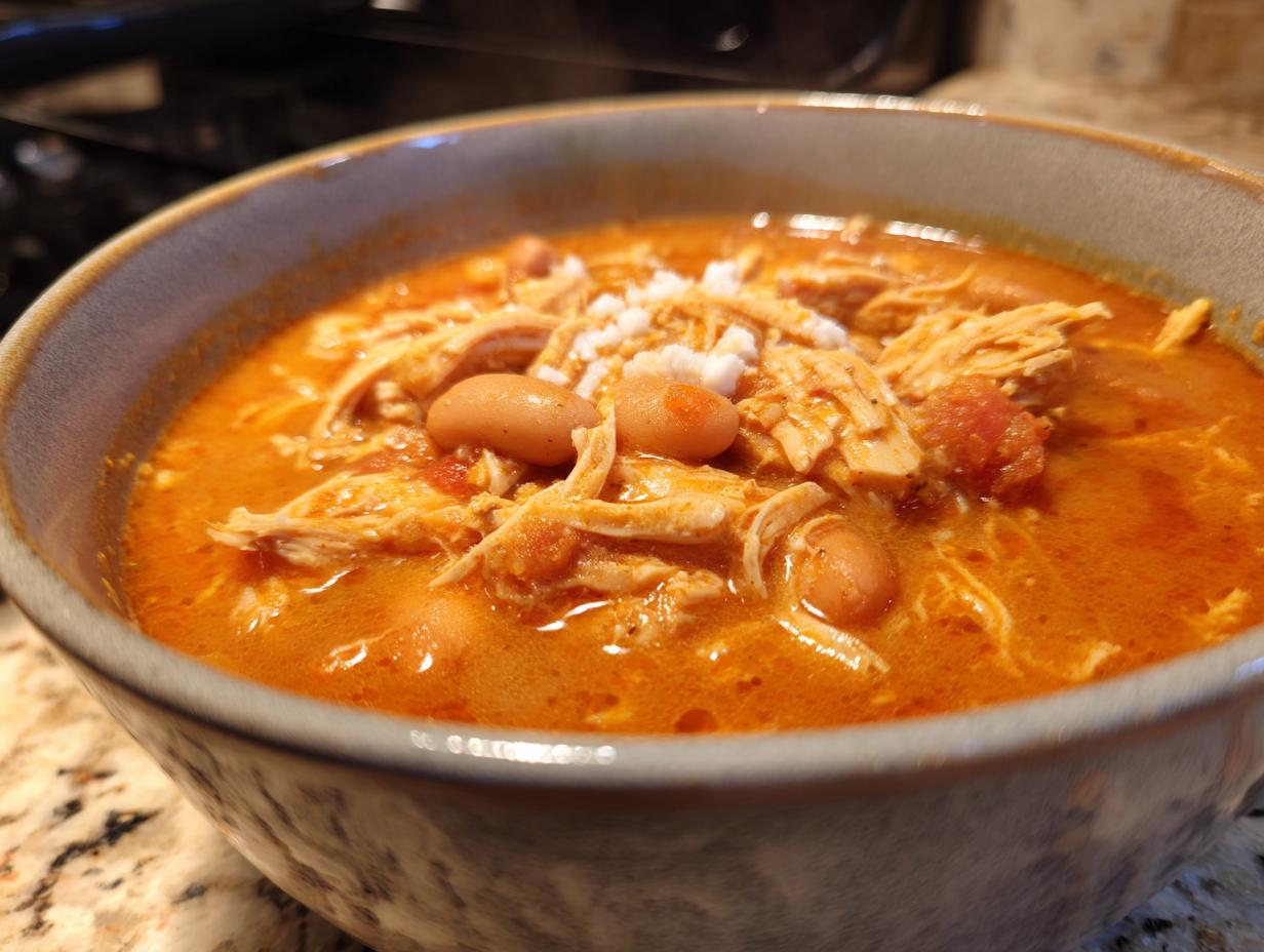 Close-up of a steaming bowl of rich orange buffalo chicken chili, topped with shredded chicken, white beans, and crumbled cheese.