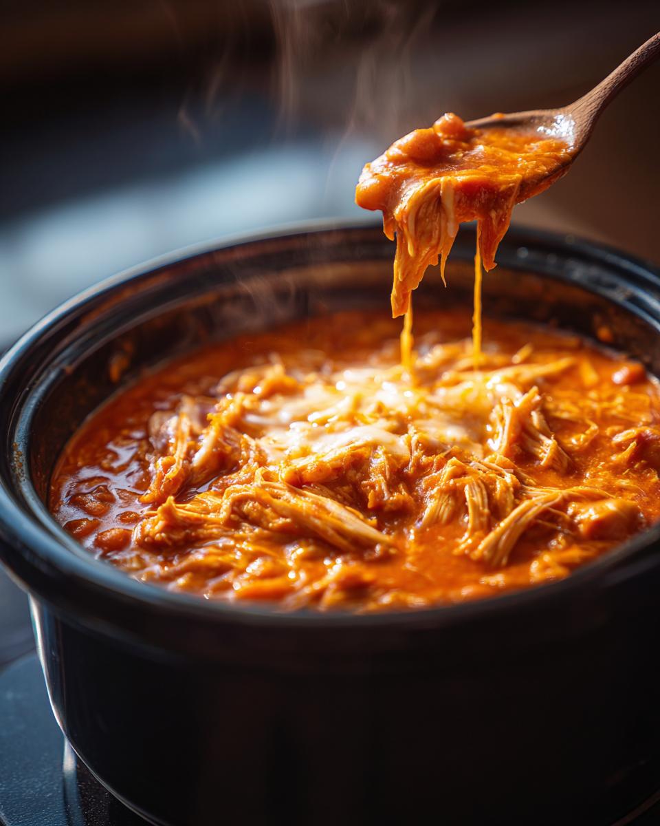 A wooden spoon scoops rich, orange buffalo chicken chili, showing shredded chicken and melted cheese, steaming hot.