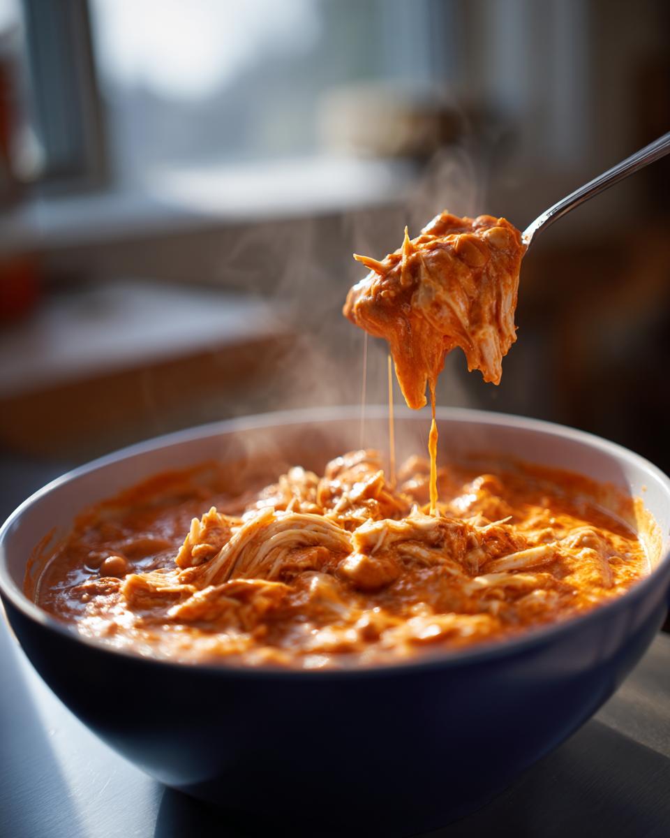 A spoonful of steaming, shredded buffalo chicken chili being lifted from a dark blue bowl.