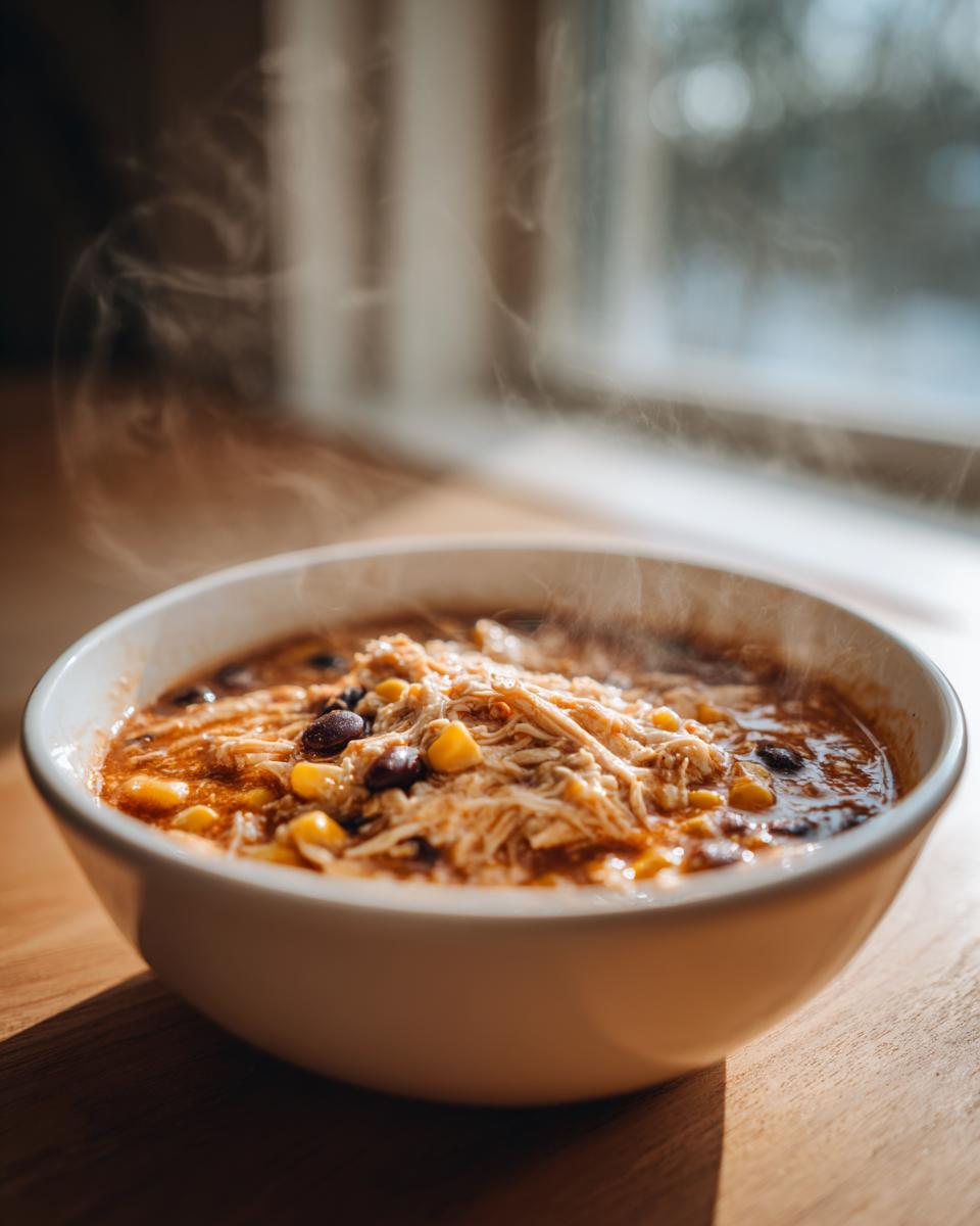 A steaming white bowl filled with rich chicken taco soup, featuring shredded chicken, corn, and black beans, set by a window.
