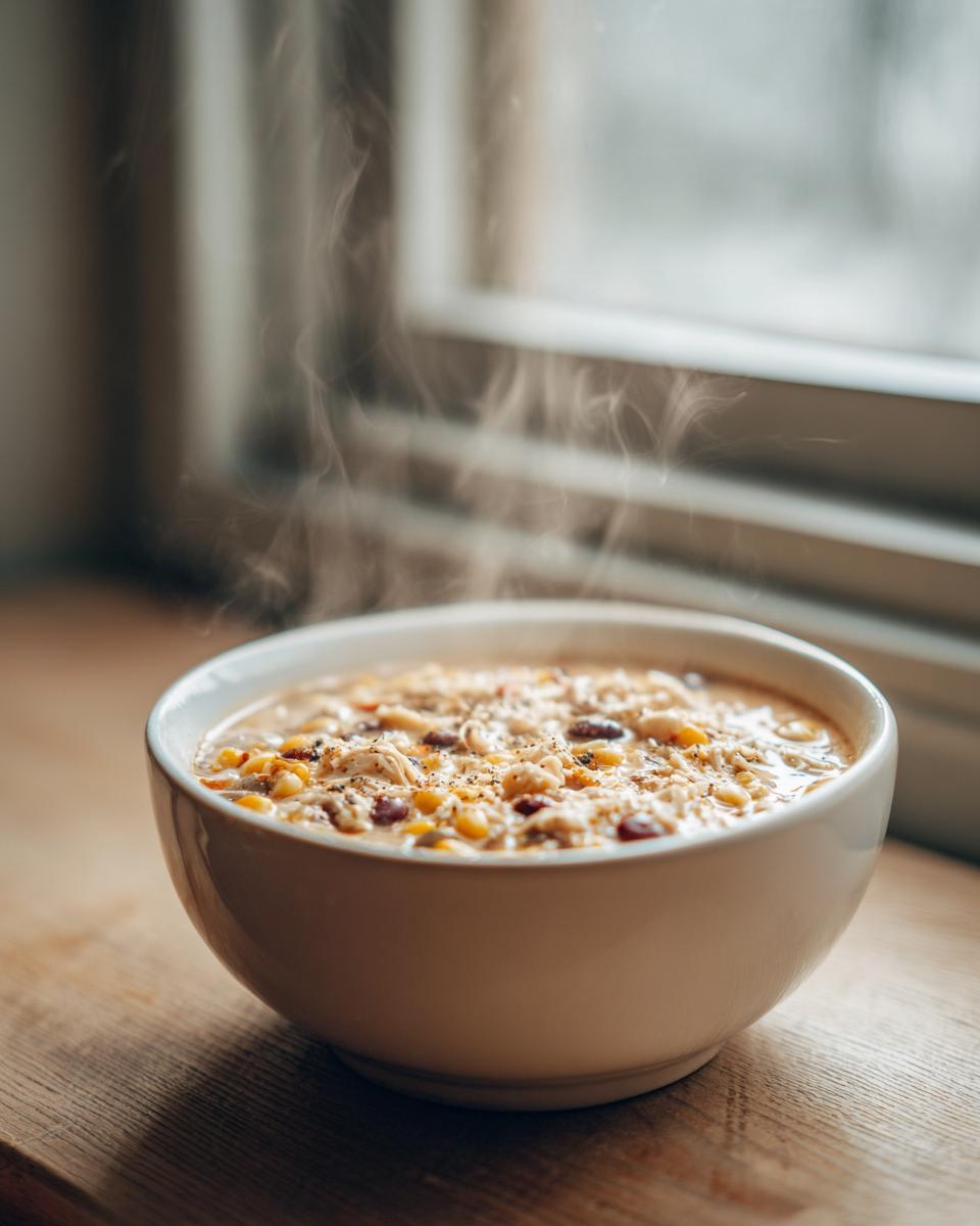 A steaming white bowl filled with creamy chicken taco soup, featuring corn and beans, set on a wooden surface near a window.
