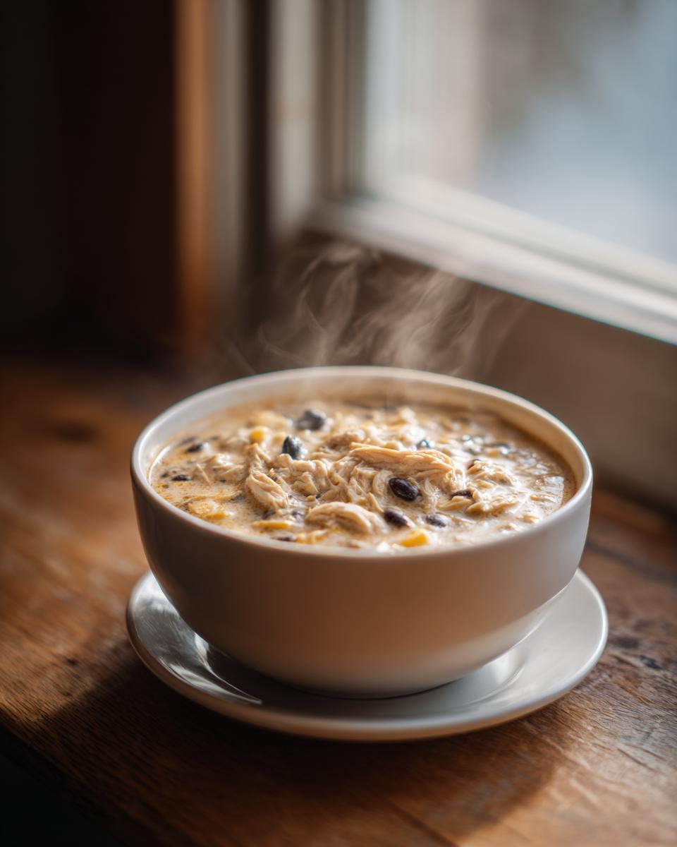 A close-up of a steaming white bowl filled with creamy chicken taco soup, featuring shredded chicken and black beans.