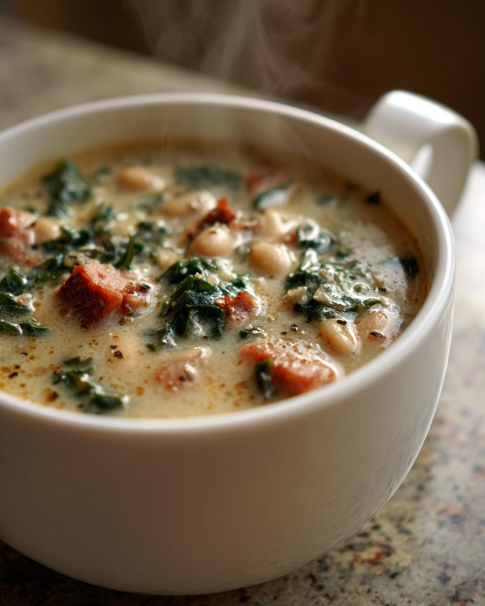 Close-up of a steaming white bowl filled with creamy bean soup, featuring white beans, dark green kale, and chunks of sausage.