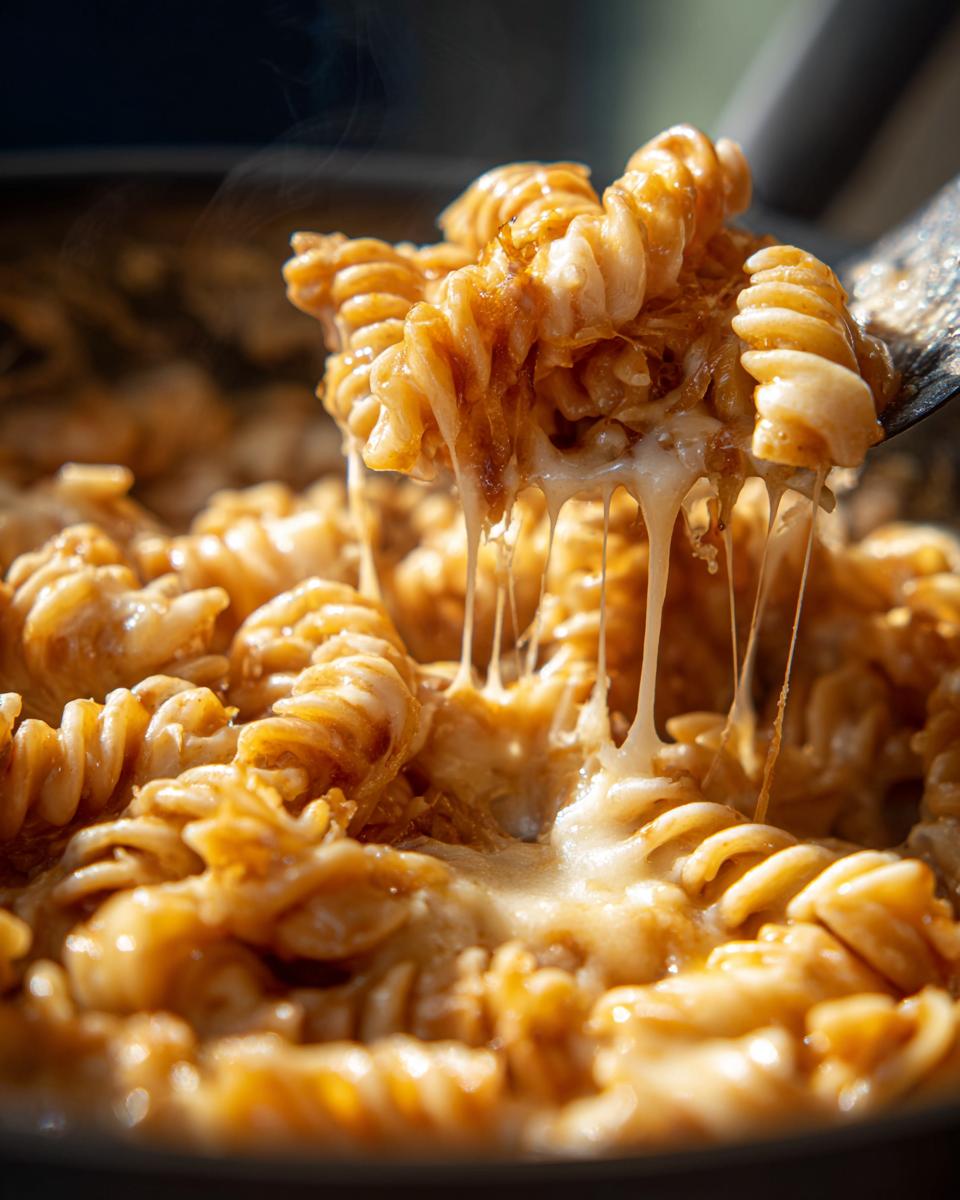 Close-up of steaming french onion pasta with rotini noodles being lifted, showing gooey, melted cheese strings.