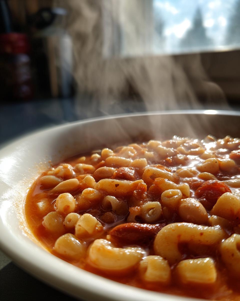Close-up of a steaming hot bowl of pasta fagioli with small elbow macaroni in a rich tomato broth.