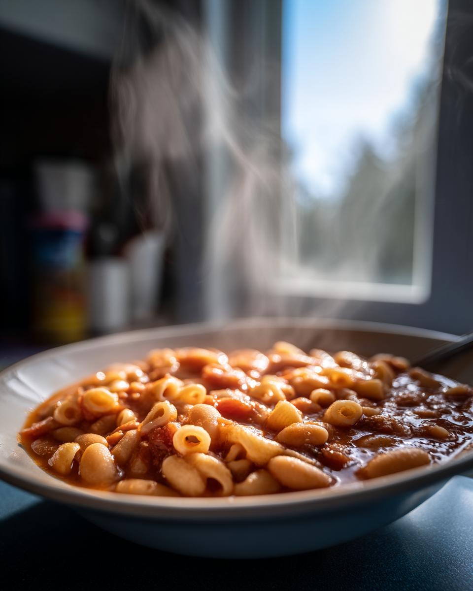 A close-up of a steaming bowl of pasta fagioli with beans and small pasta shapes in a rich tomato broth.
