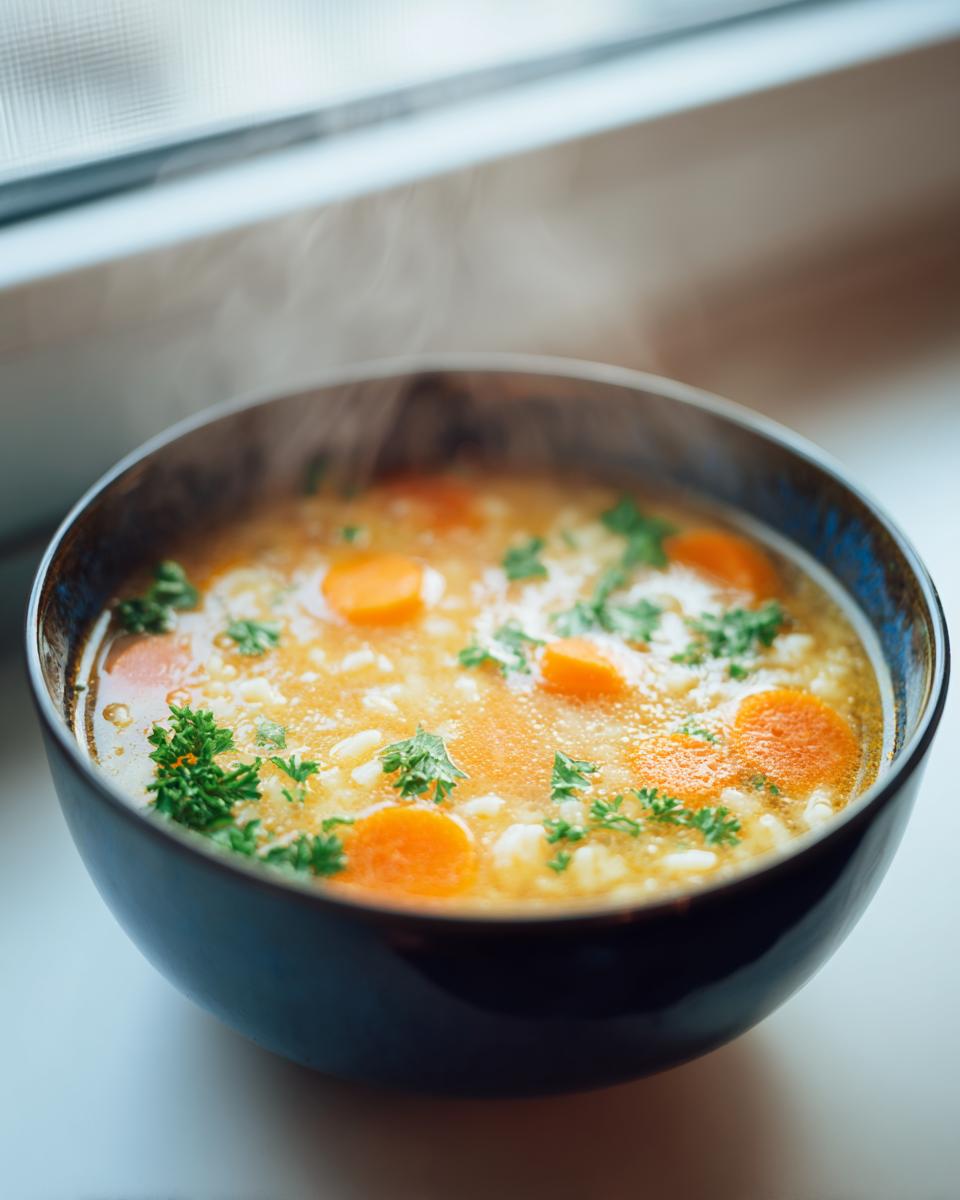 Close-up of a steaming bowl of penicillin soup, featuring visible rice, sliced carrots, and fresh parsley garnish.