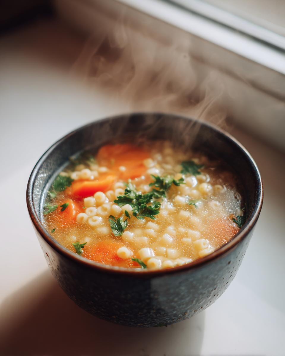 A steaming bowl of penicillin soup containing small pasta shapes, sliced carrots, and fresh parsley garnish.