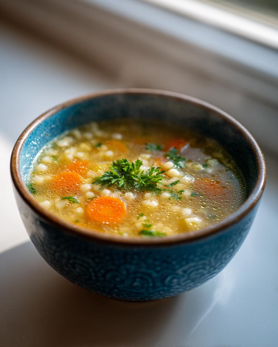 A steaming blue bowl filled with penicillin soup featuring small pasta, sliced carrots, and fresh parsley garnish.
