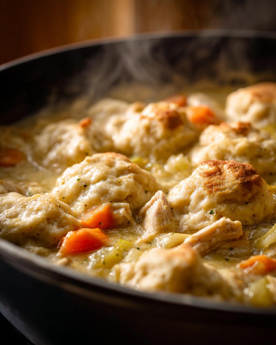 Close-up of steaming, creamy chicken and dumplings in a dark pot, featuring fluffy dumplings and visible chunks of chicken and carrots.