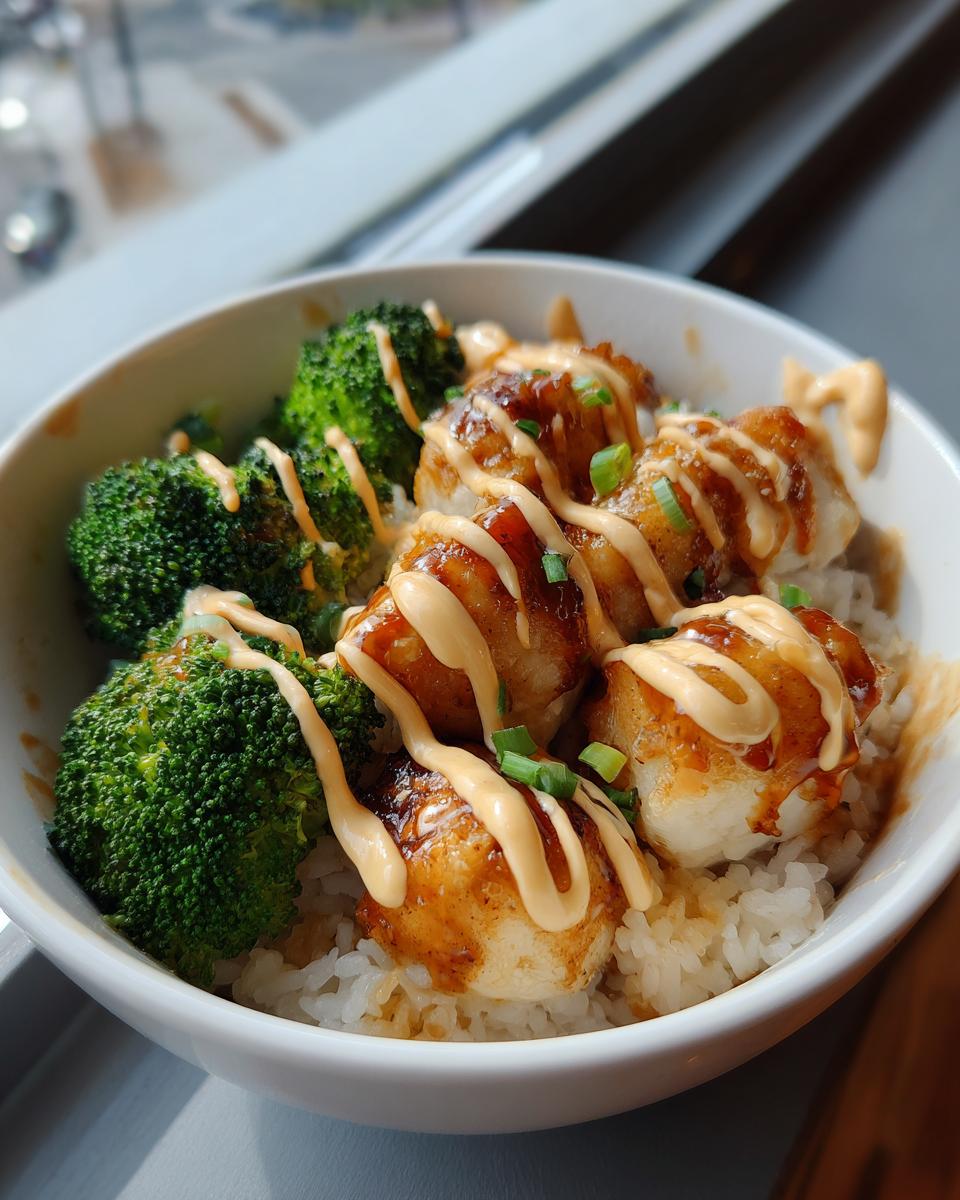 Close-up of a delicious chicken rice bowl featuring sticky glazed chicken pieces, bright green broccoli, and a creamy sauce drizzle.