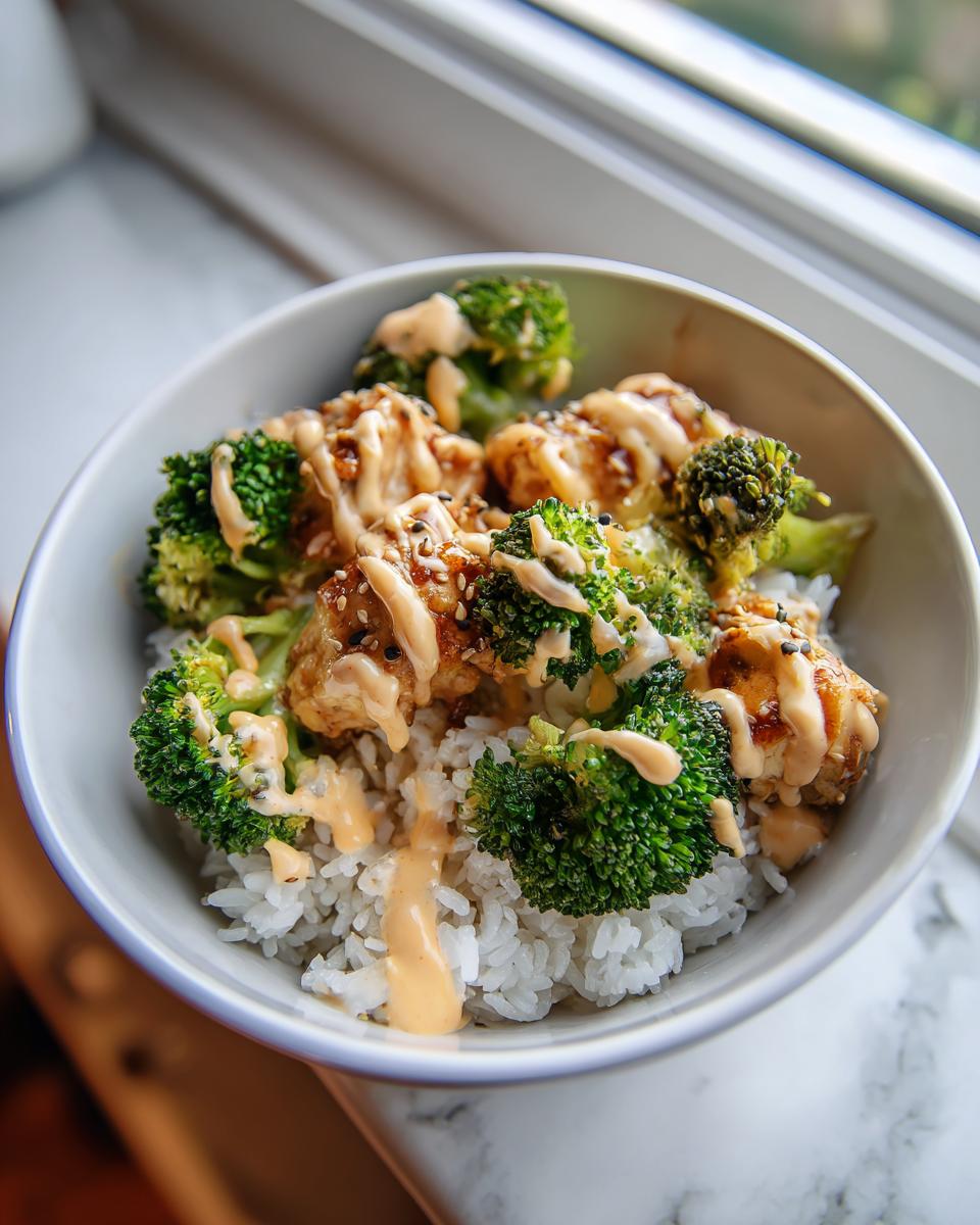 Close-up of a chicken rice bowl topped with bright green broccoli, sticky sauce, and sesame seeds.