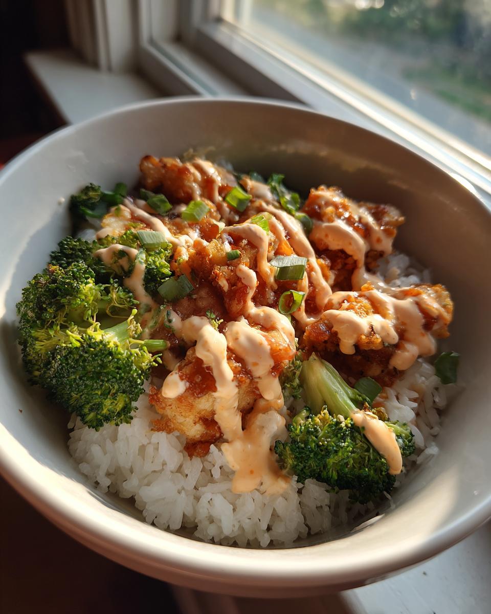Close-up of a delicious chicken rice bowl topped with crispy chicken, broccoli florets, and a creamy orange sauce.